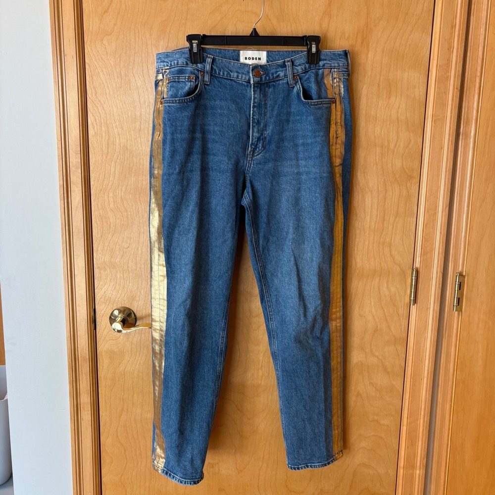 Boden Girlfriend Jeans Women W31 L Blue Gold Metallic Foil Side Stripe Denim